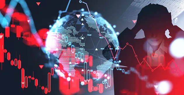 A graphic with a silhouette of a man with his hands on his head in despair, next to him is the earth with lots of lines representing data
