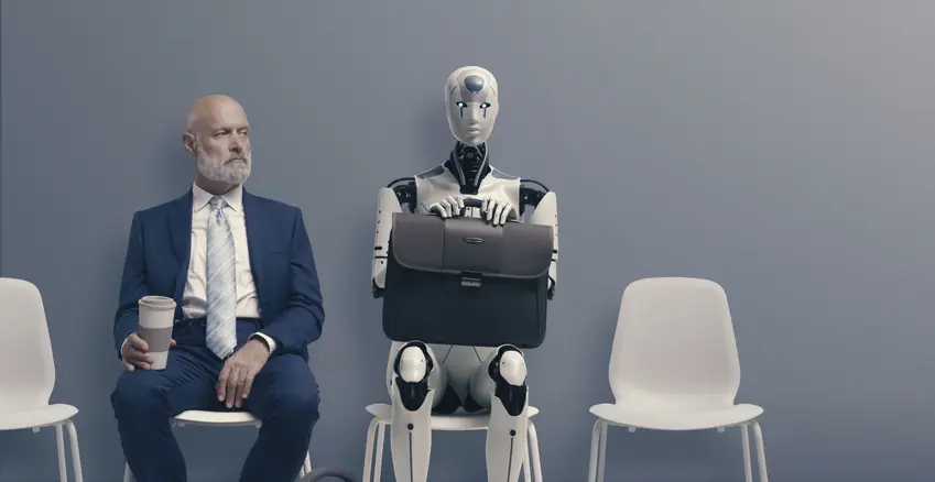 A hallway with white plastic chairs, a robot holding a briefcase is sat on the middle chair, next to him is a balding man with a beard, wearing a business suit and holding a cup of coffee