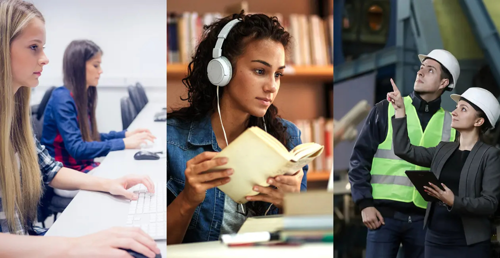 Three panels, the first shows two young women sat next to each other at keyboards. The second shows a young woman wearing headphones, holding a book. The third shows a woman in a black suit and helmet pointing up with a man standing next to her in a hi vis jacket and helmet looking where she's pointing. 