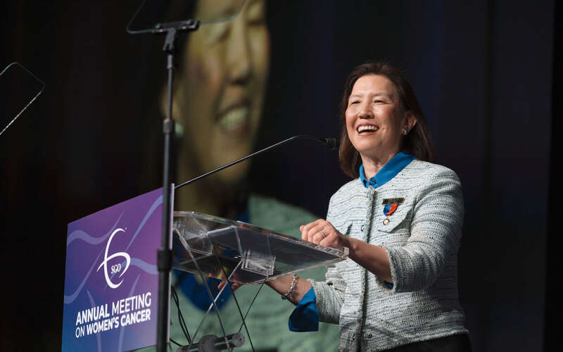 Karen Lu, MD, physician in chief at Moffitt, addresses the crowd at the Society of Gynecologic Oncology annual meeting.