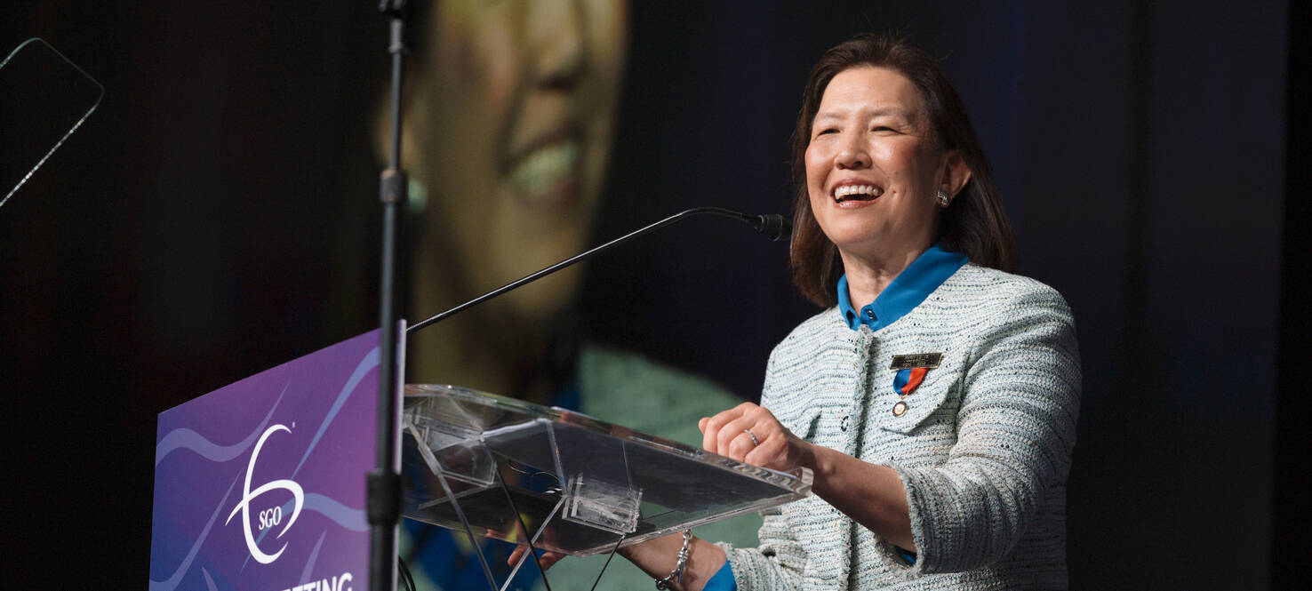 Karen Lu, MD, physician in chief at Moffitt, addresses the crowd at the Society of Gynecologic Oncology annual meeting.