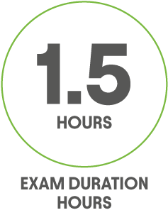 Icon showing the number 1.5 and the word HOURS, with EXAM DURATION HOURS written below the green-bordered circle.