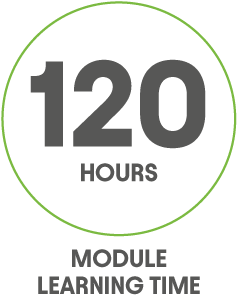  Icon showing the number 120 and the word HOURS, with MODULE LEARNING TIME written below the green-bordered circle.