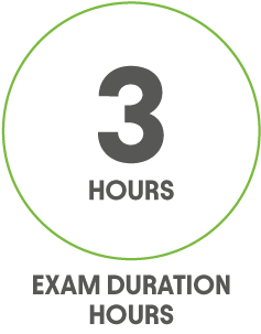 Icon showing the number 3 and the word HOURS, with EXAM DURATION HOURS written below the green-bordered circle.
