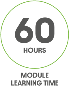 Icon showing the number 60 and the word HOURS, with MODULE LEARNING TIME written below the green-bordered circle.
