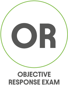 Icon showing the letters OR, with OBJECTIVE RESPONSE EXAM written below the green-bordered circle.