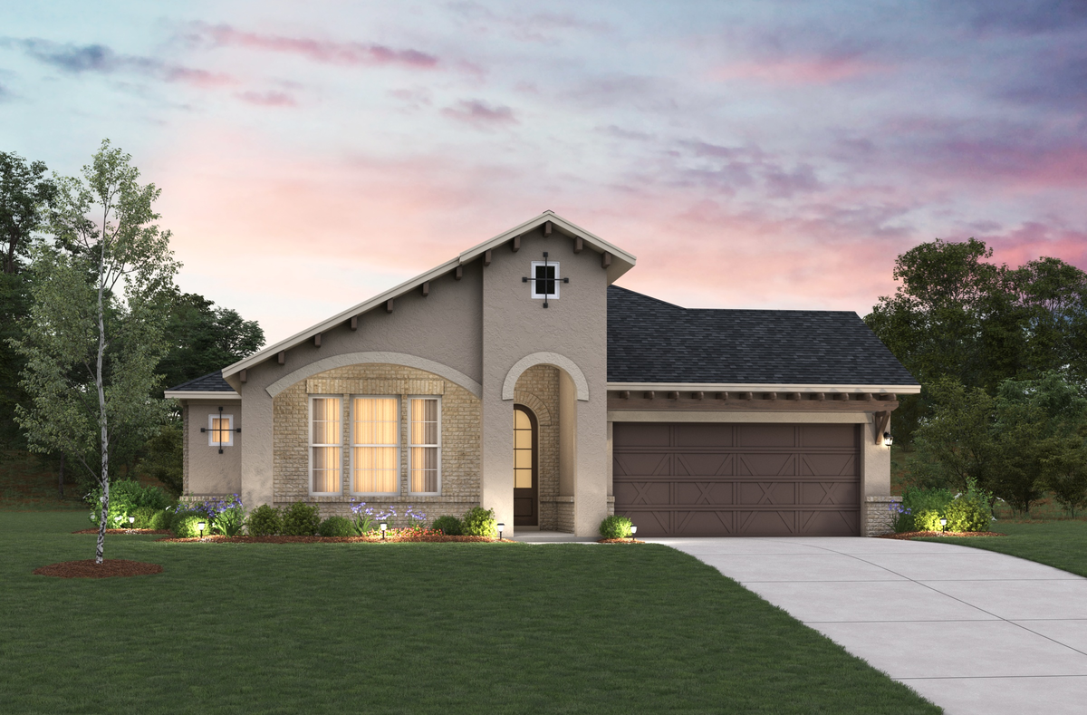 one-story stucco home with front porch