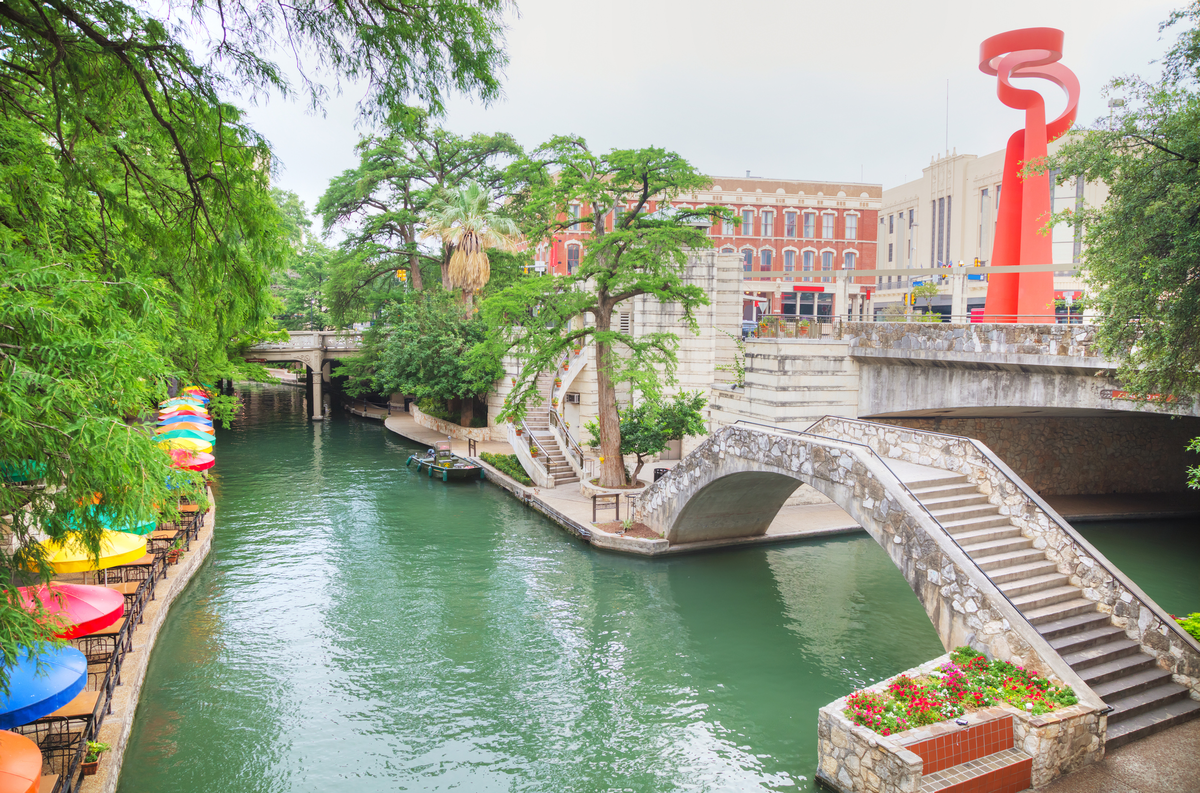 river with a stone bridge and sidewalk