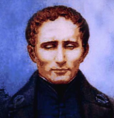 Colour painting of Louis Braille, the inventor of the Braille reading system, with eyes closed and wearing a dark coat.
