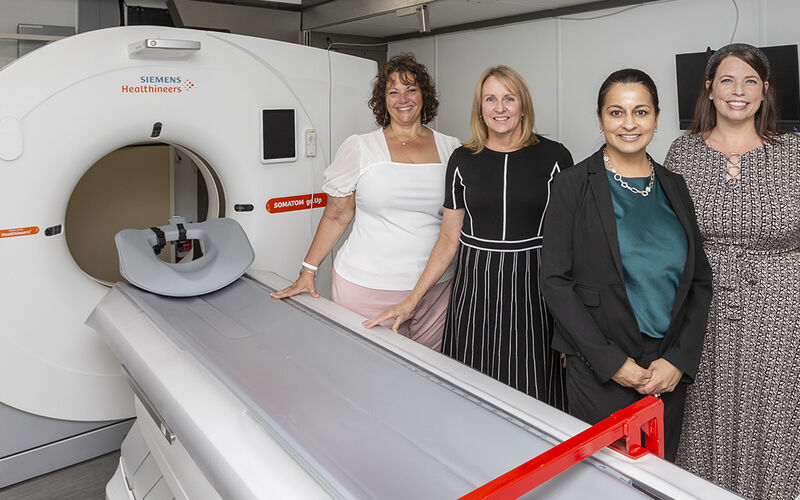 From left: Michelle Smith, manager of Moffitt’s mobile screening program; Brenda Connolly, administrator for the Thoracic Oncology Department; Vani Simmons, PhD, director of the Tobacco Research and Intervention Program; and Stephanie Wright, lung cancer screening coordinator, work together to bring lung screenings to outlying communities.