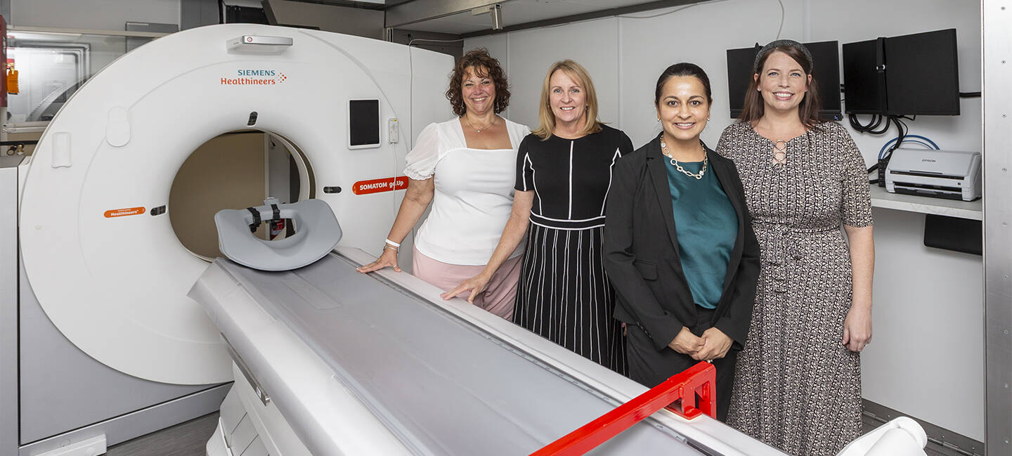 From left: Michelle Smith, manager of Moffitt’s mobile screening program; Brenda Connolly, administrator for the Thoracic Oncology Department; Vani Simmons, PhD, director of the Tobacco Research and Intervention Program; and Stephanie Wright, lung cancer screening coordinator, work together to bring lung screenings to outlying communities.