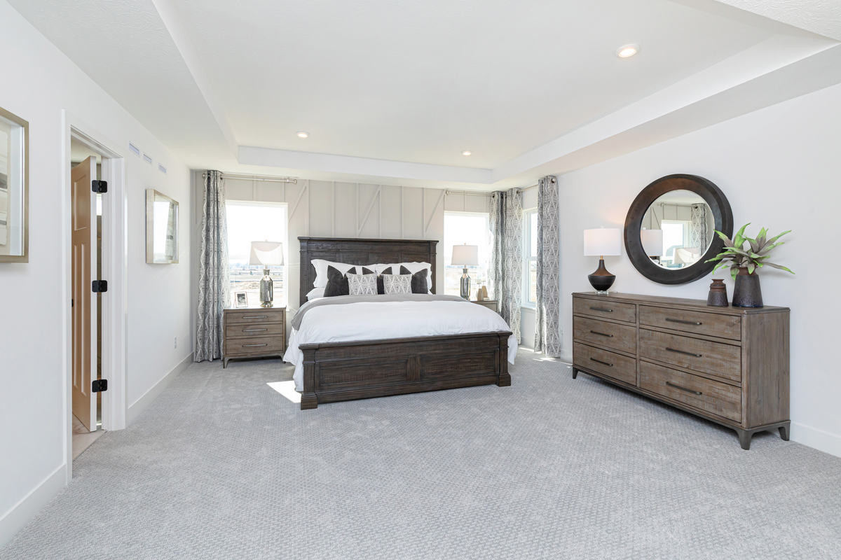 primary bedroom with tray ceiling 