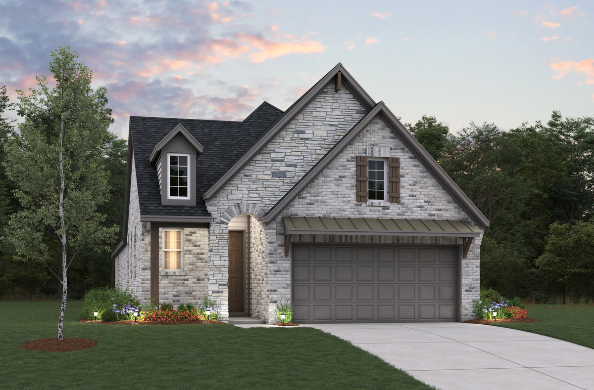one-story home with brick and dusk skies