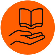 Icon that looks like a hand with a book floating above, placed in bright orange circle with the icon outlined in white