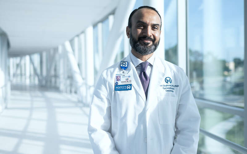 Mian Shahzad, MD, PhD, in Moffitt walkway