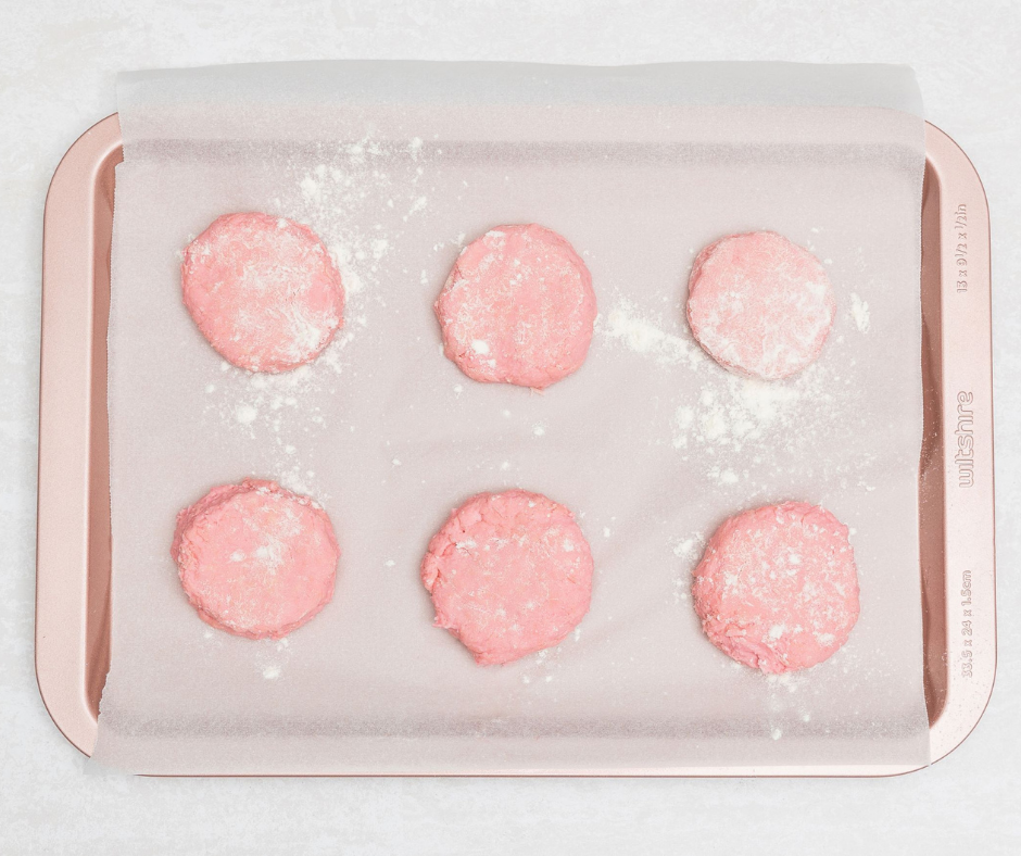 Mothers Day Recipe, Pink Lemonade Scones, Step 6 cut dough into circles and place evenly on lined baking tray.