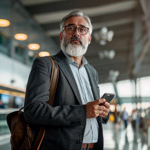 Un homme âgé avec des lunettes attend sur le quai du train