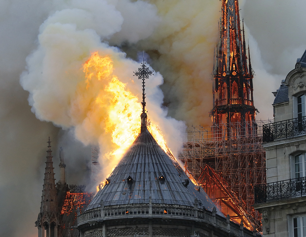Flames devour the roof of Notre-Dame Cathedral on April 15, 2019.