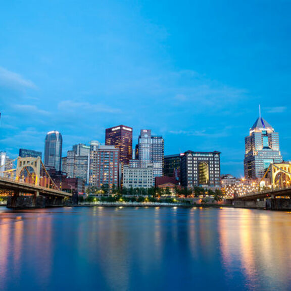River view of downtown Pittsburgh at night