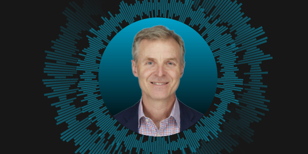 Headshot of David Shillingford in a blue circle at the centre of a graphic with blue audio bars coming out in a circular style around the headshot to depict sound.