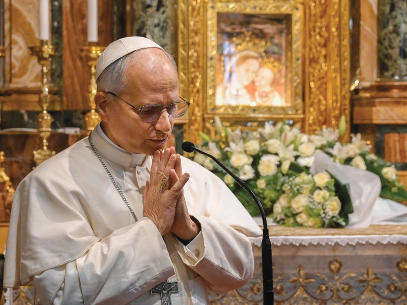 Pope Leo XIV prays at the Shrine of Our Lady of Good Counsel in Genazzano, Italy