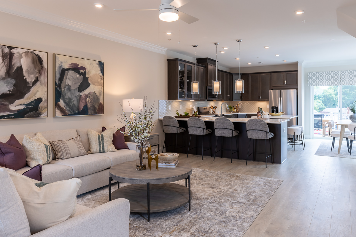 great room and kitchen with designer flooring