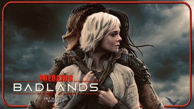 Poster for “Predator: Badlands” showing Elle Fanning as Thia standing back-to-back with a Predator creature