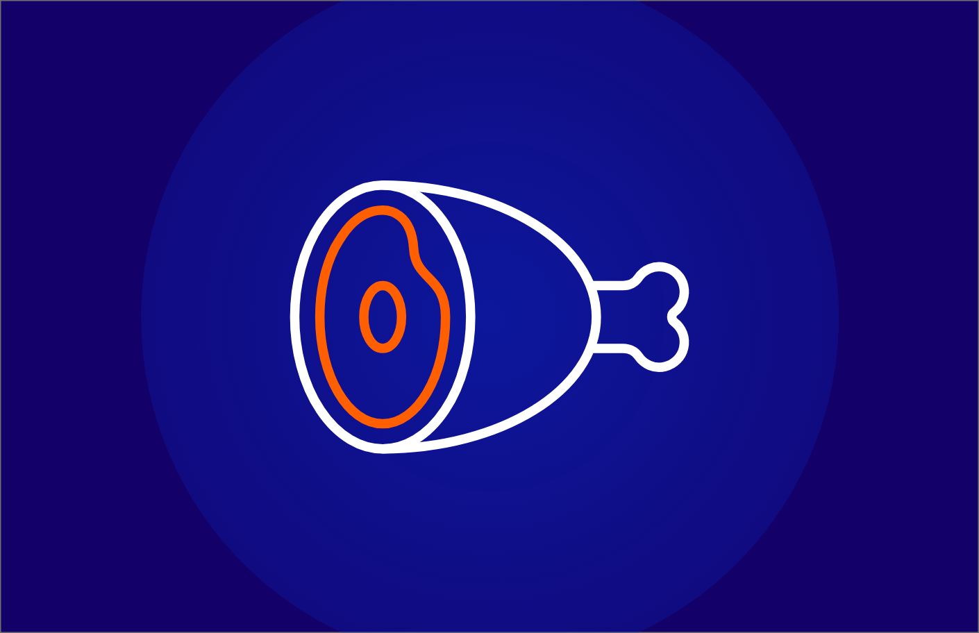 Line icon of a leg of ham, symbolising meat and meat production. Icon framed in a circle on a blue background