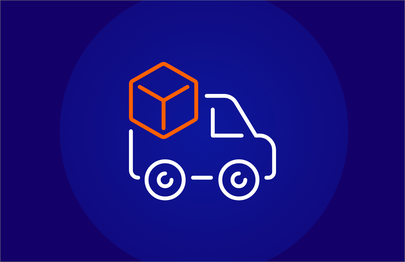 Icon of a moving track with a box overlaid on top, symbolising transport or moving. Icon is shown inside blue background with circle