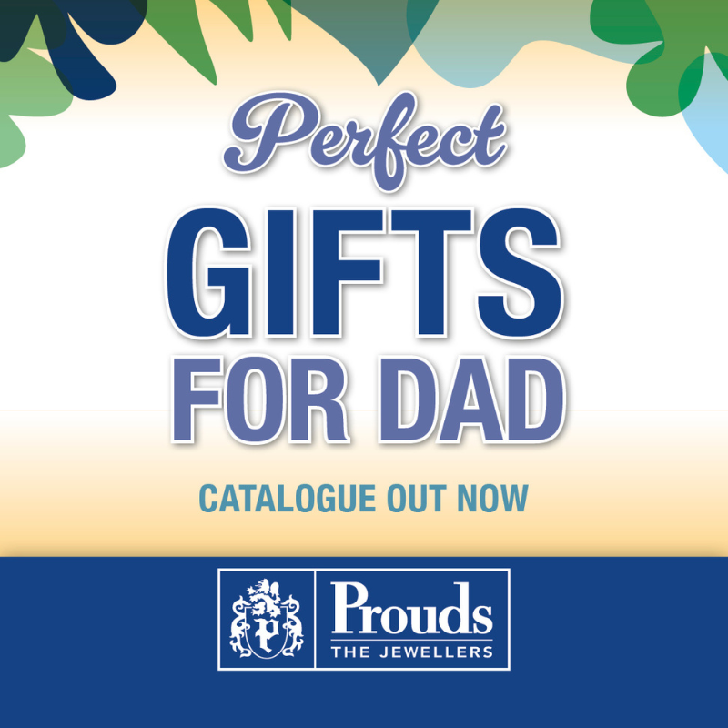 Image of family with father holding a present or text relating to father's day gifting