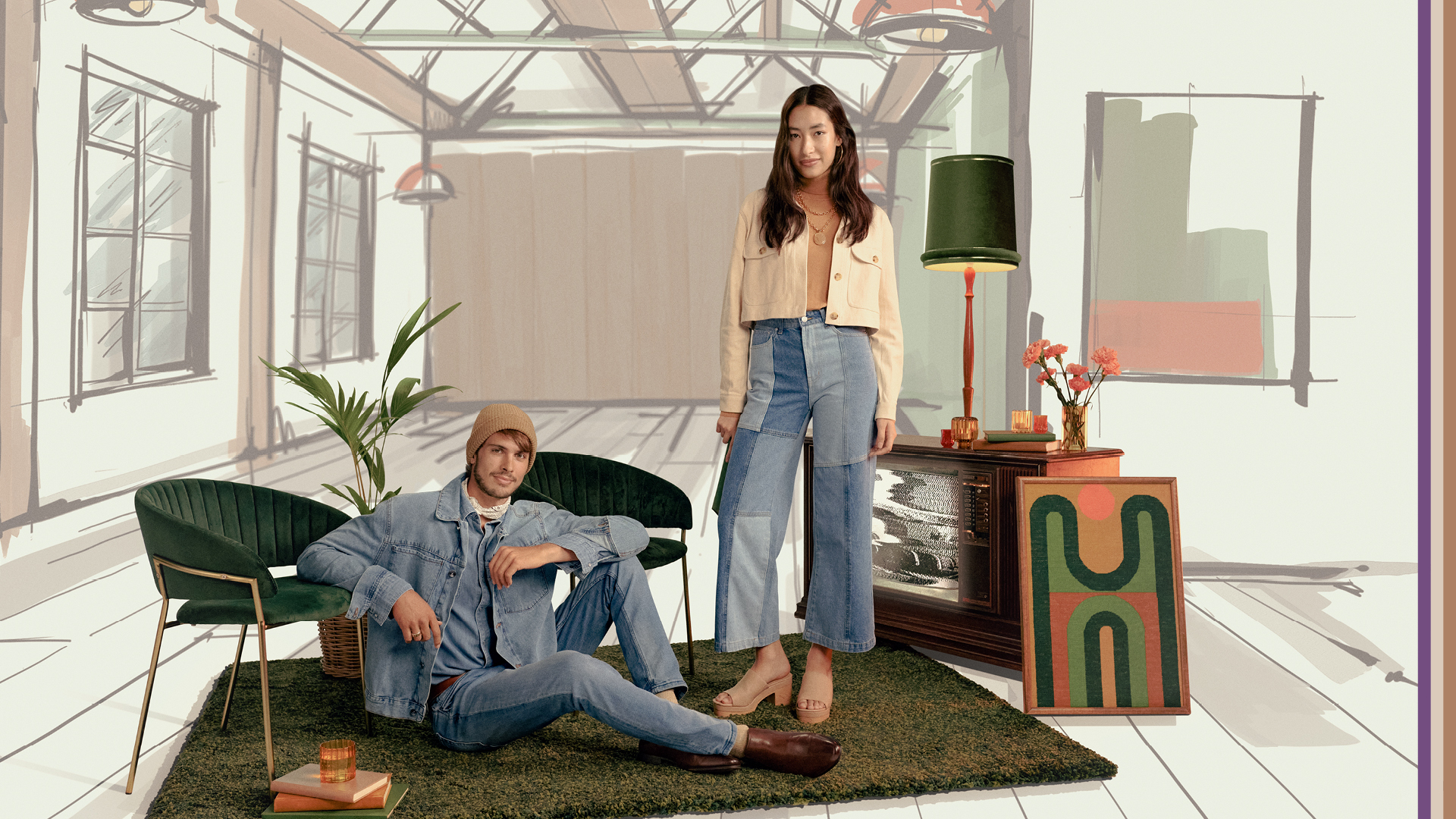 guy and girl wearing denim, 1970s living room
