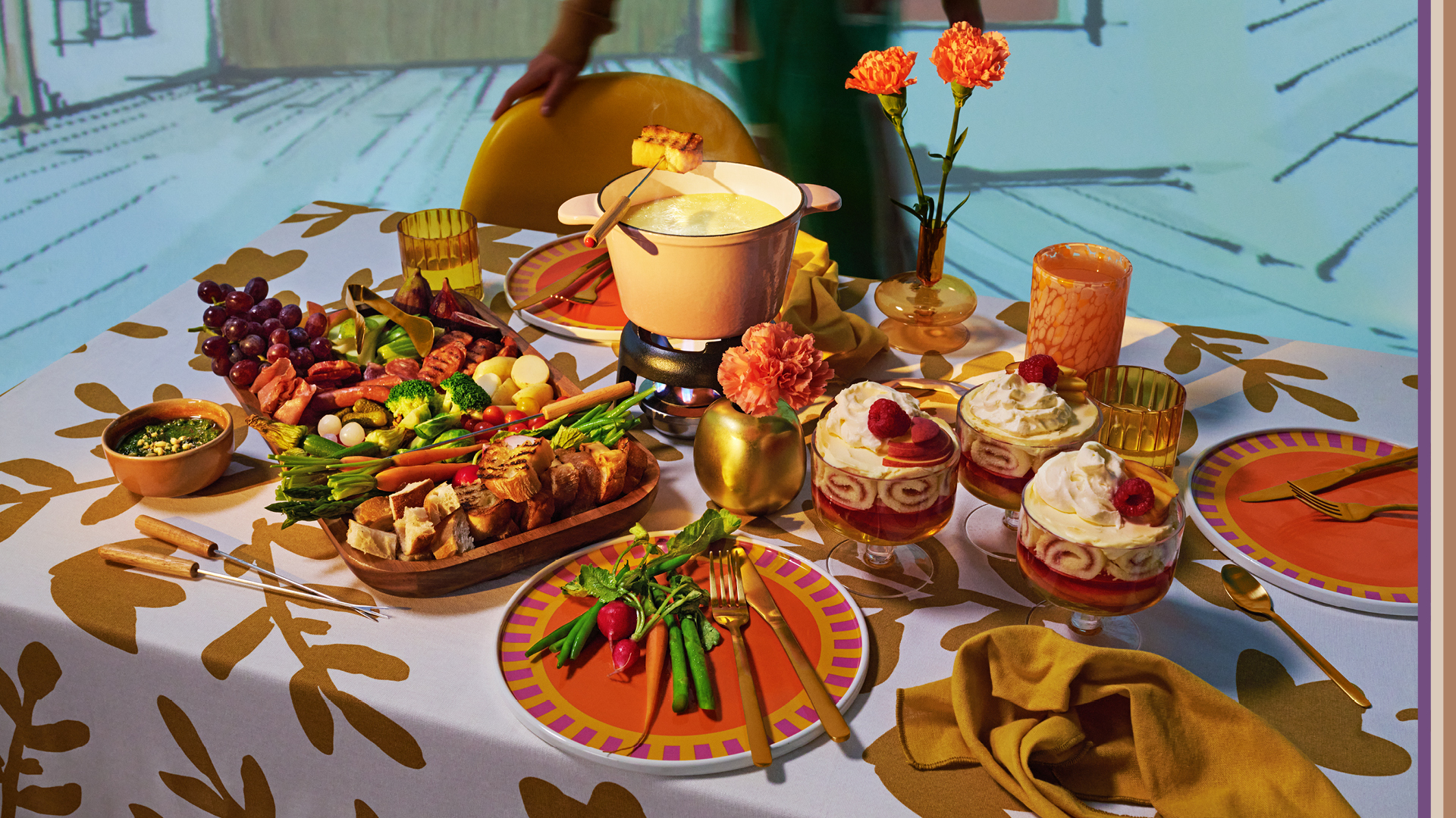 70s homewares table setting, cheese fondue, vegetables, trifle