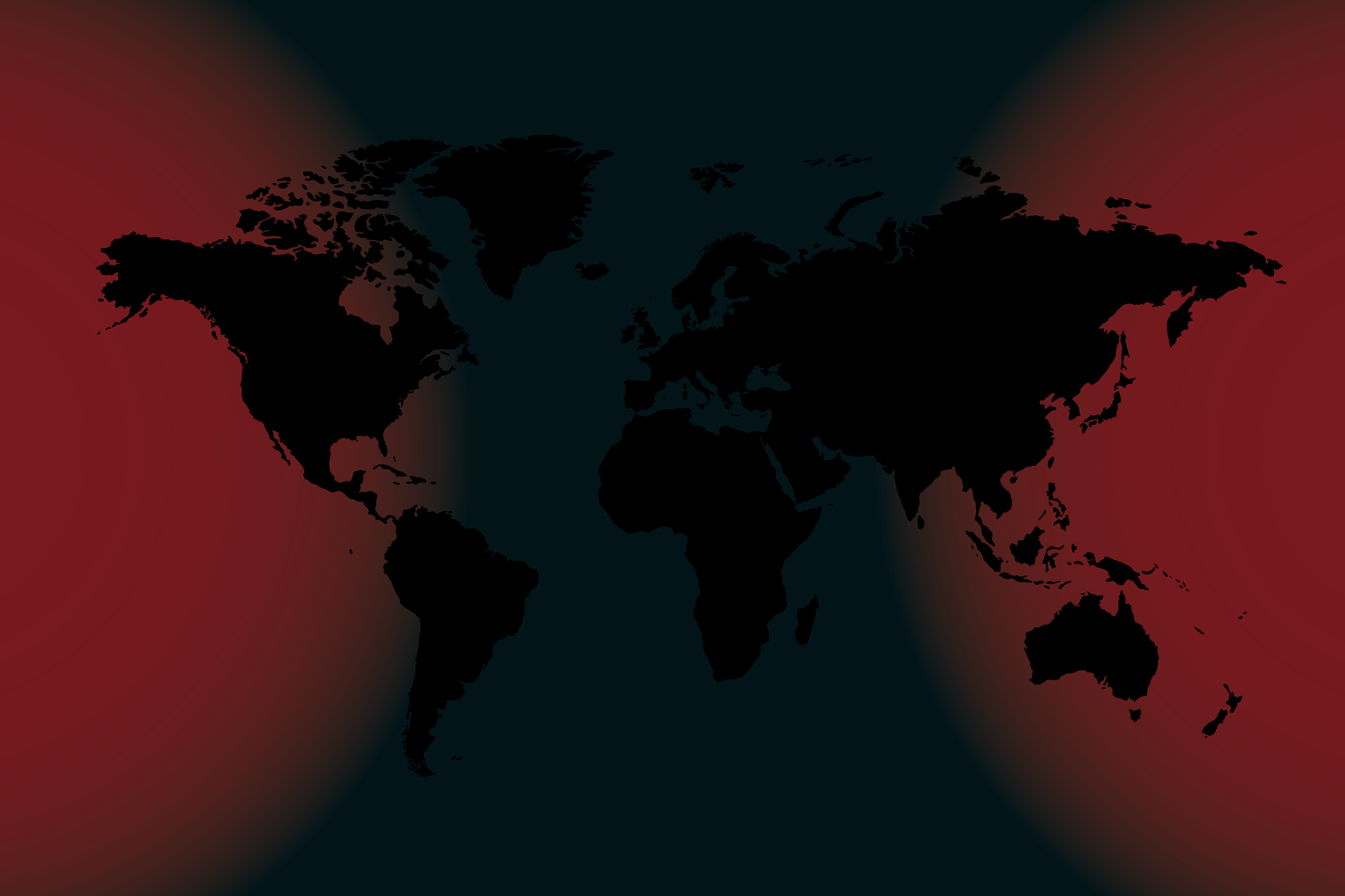 A minimalist graphic showing a dark world map silhouette set against a subtle, deep red atmospheric glow
