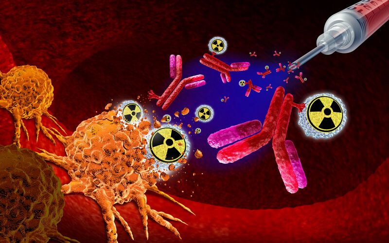 graphic of cancer cell being attacked by a radionuclear injectable therapy