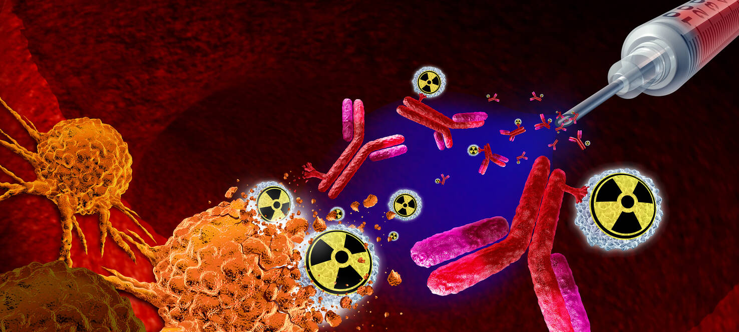 graphic of cancer cell being attacked by a radionuclear injectable therapy
