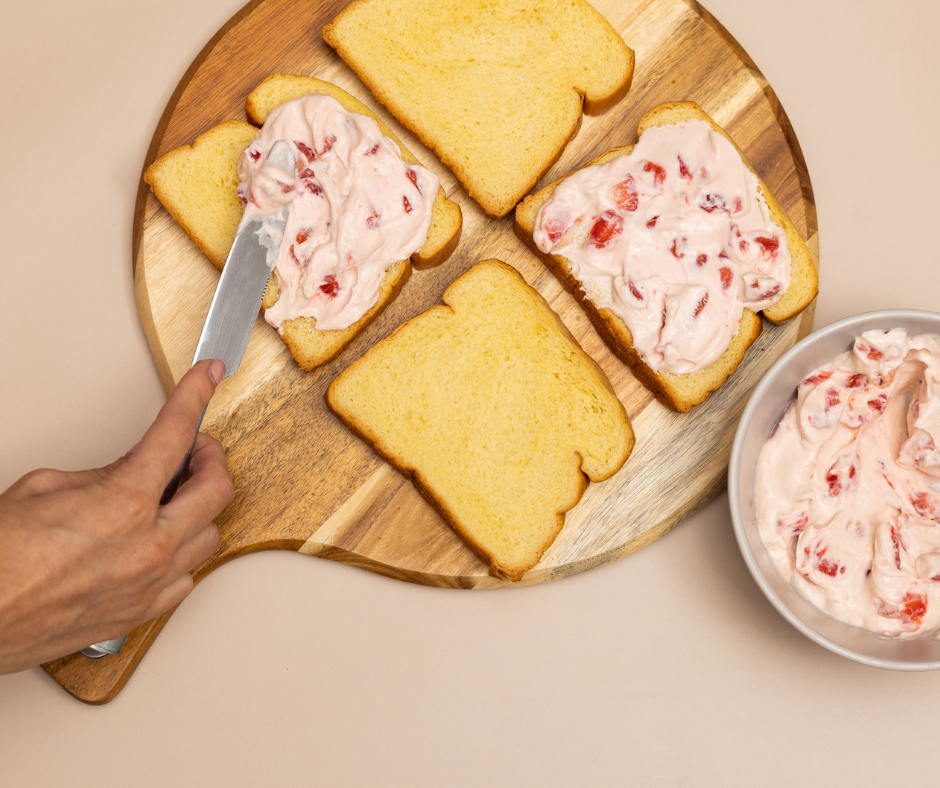 Mother's Day Recipe, Strawberry French Toast step 3 make five sandwiches using the cream cheese and strawberry mixture as filling.