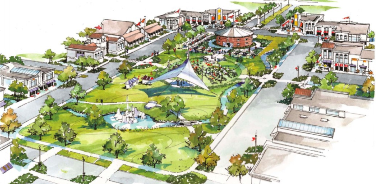 rendering of a town square with grass and shops 