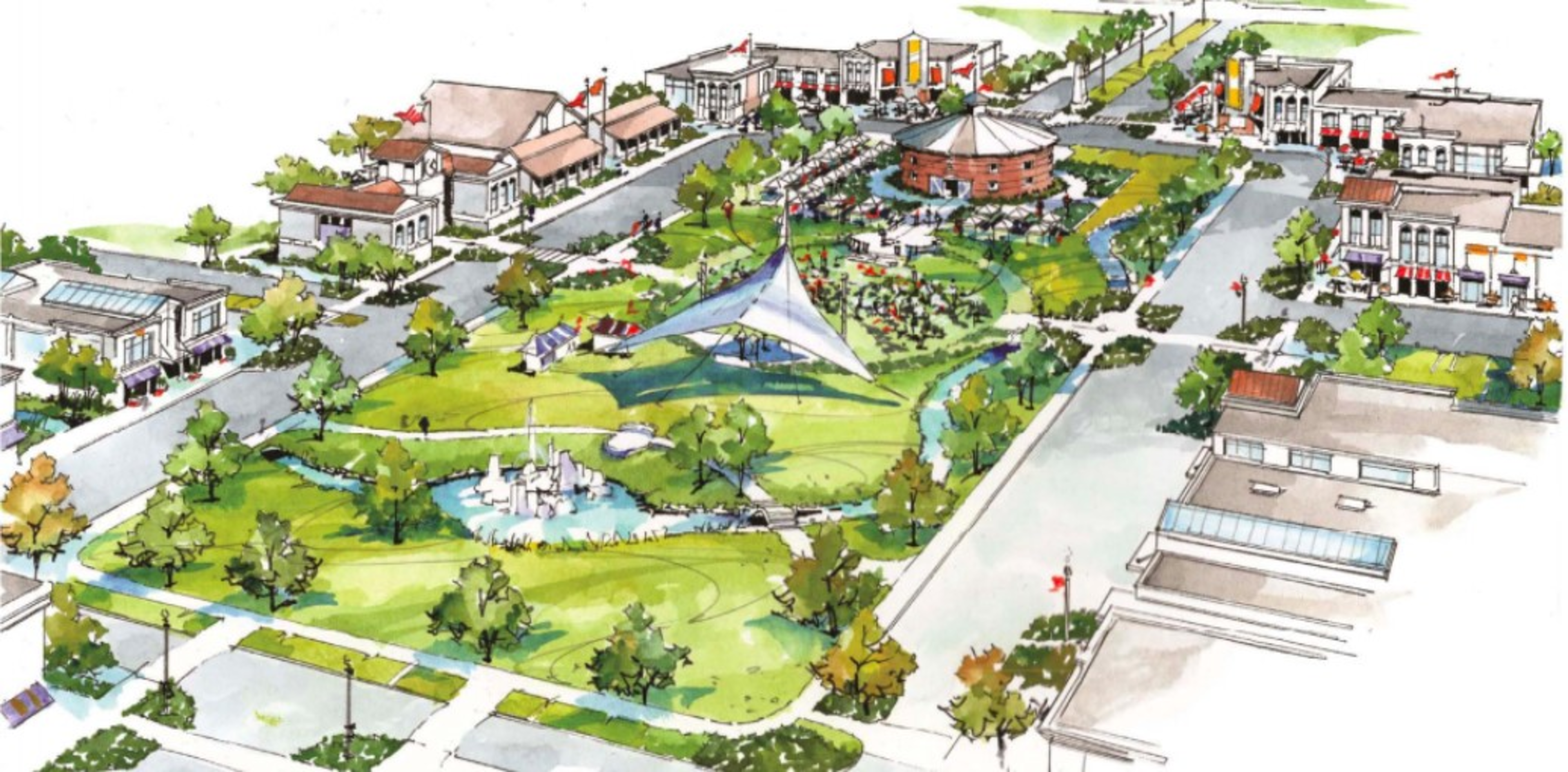 rendering of a town square with grass and shops 