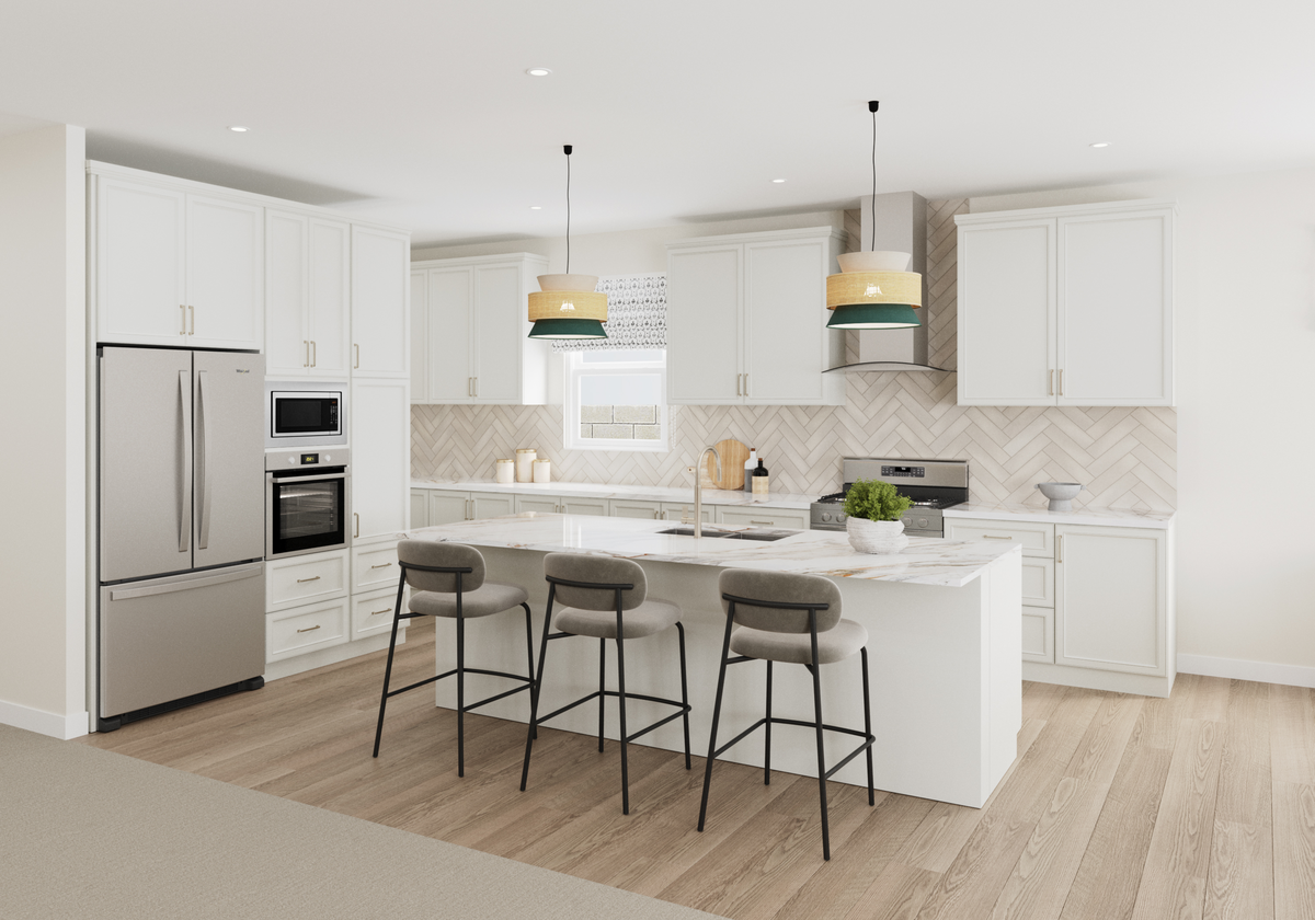 white cabinets with large kitchen island