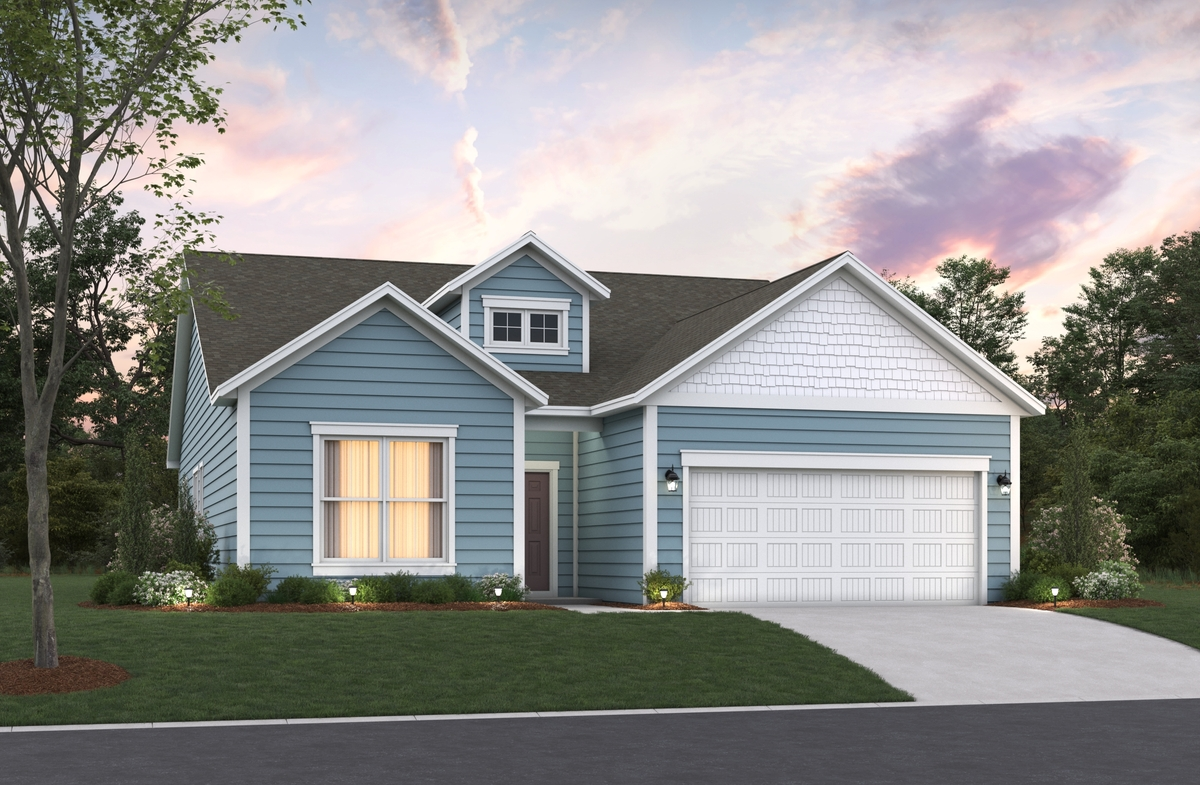 blue vinyl exterior with brown front door