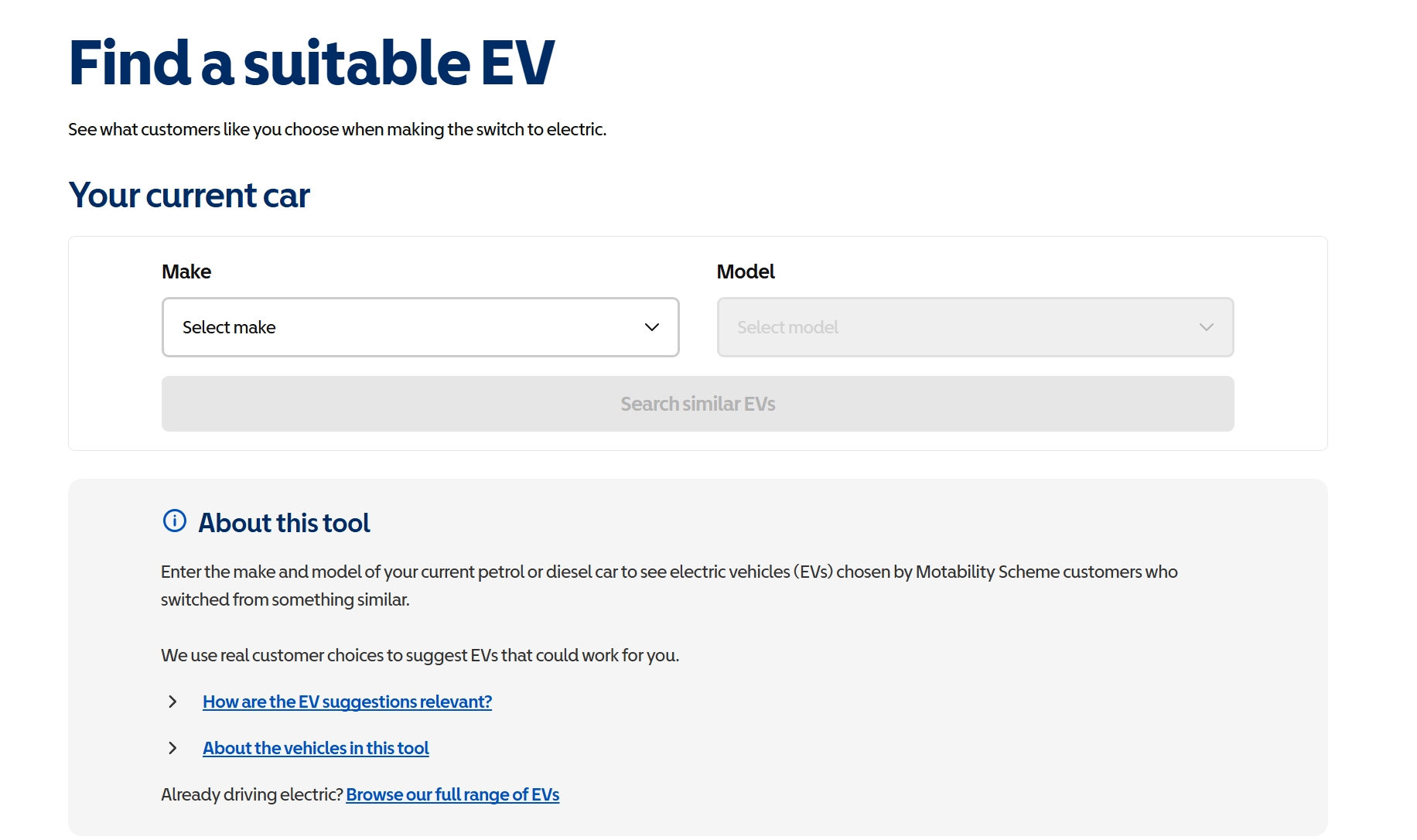 Find a suitable EV tool with dropdown fields to select the make and model of a current car, a disabled “Search similar EVs” button, and an information section explaining how recommendations are based on real customer choices.