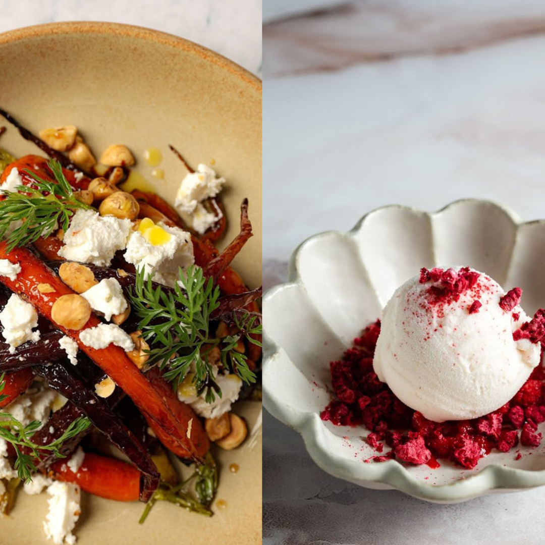 Three dishes appear in each third of the image. The first features a Mediterranean roasted salad topped with feta and hazelnuts. The second featured an white ice cream ball surrounded by red crumble. The third featured an Asian meal, covered in white sauce and fried onion, with cucumber slices on the side.