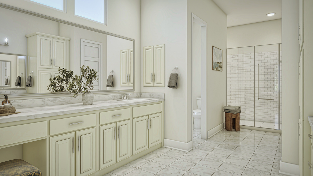 primary bathroom with tile floors & walk-in shower