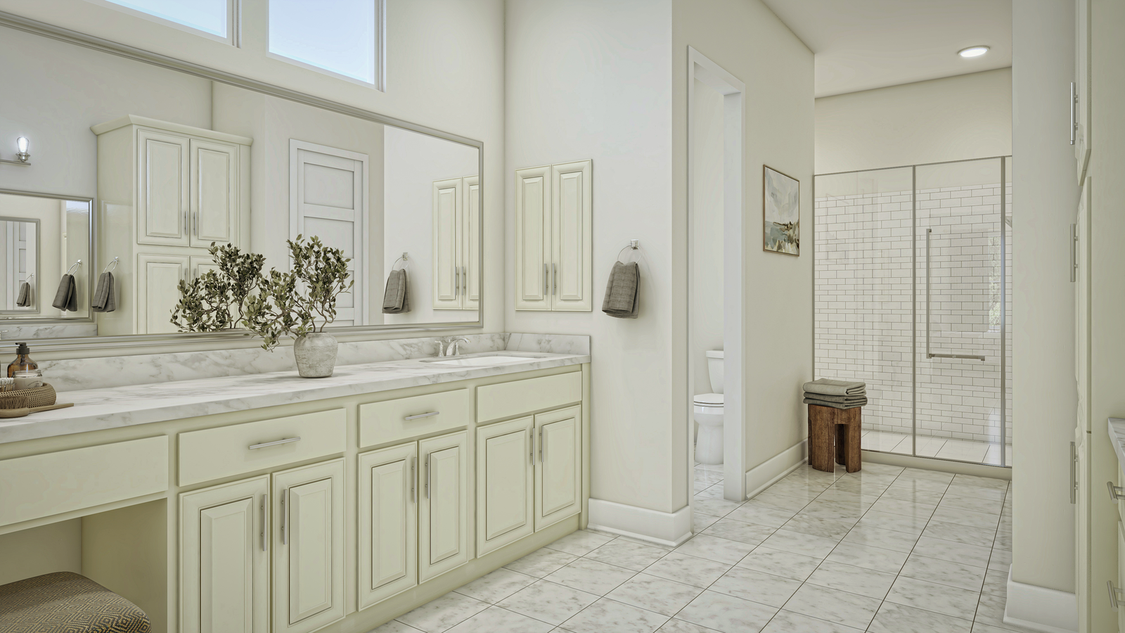 primary bathroom with tile floors & walk-in shower