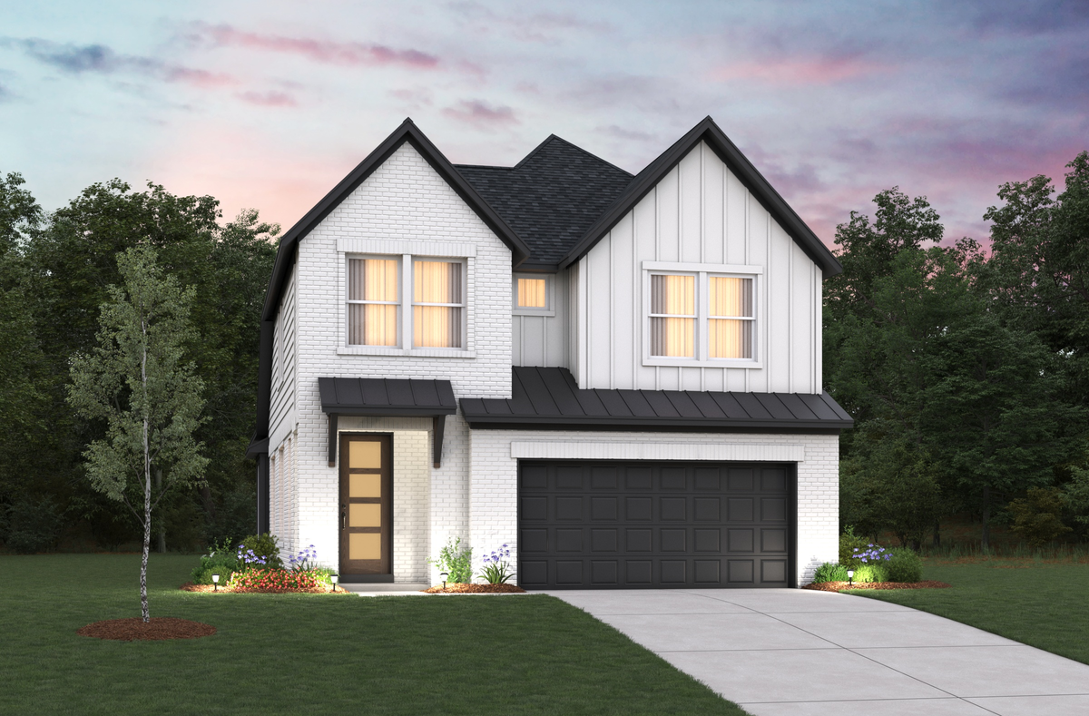 exterior white brick home with black garage door
