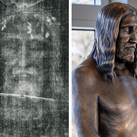 Left: A photographic negative of the Shroud of Turin. • Right: A bronze sculpture titled “The Sign” at the Saint John Paul II National Shrine in Washington, D.C.