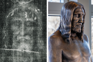 Left: A photographic negative of the Shroud of Turin. • Right: A bronze sculpture titled “The Sign” at the Saint John Paul II National Shrine in Washington, D.C.