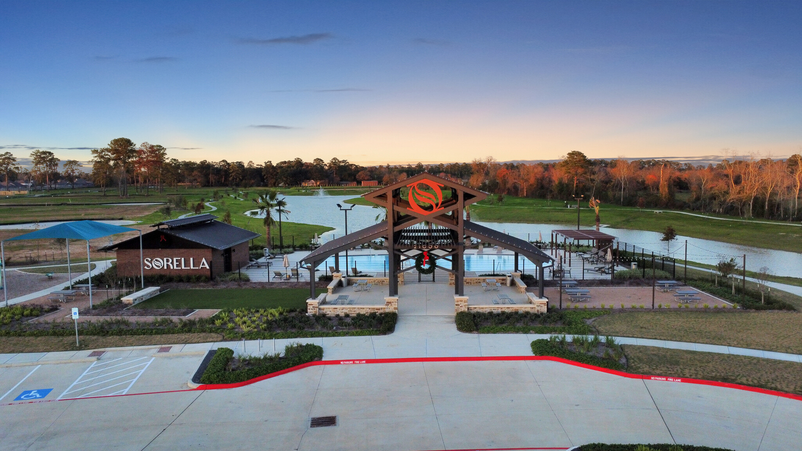 amenity center with pool, lake & walking trails