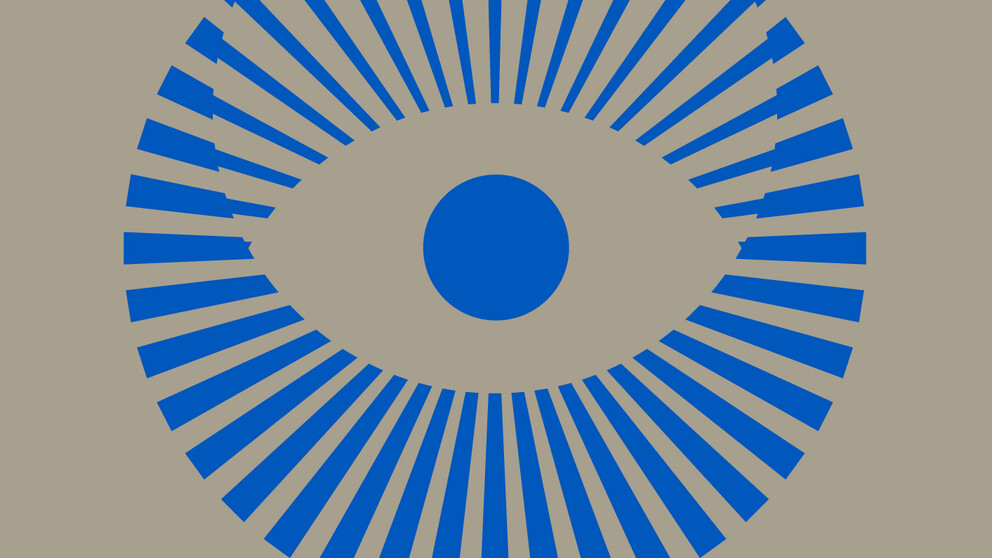 A stylized blue eye with radiating lines forming a circular pattern on a grey background.