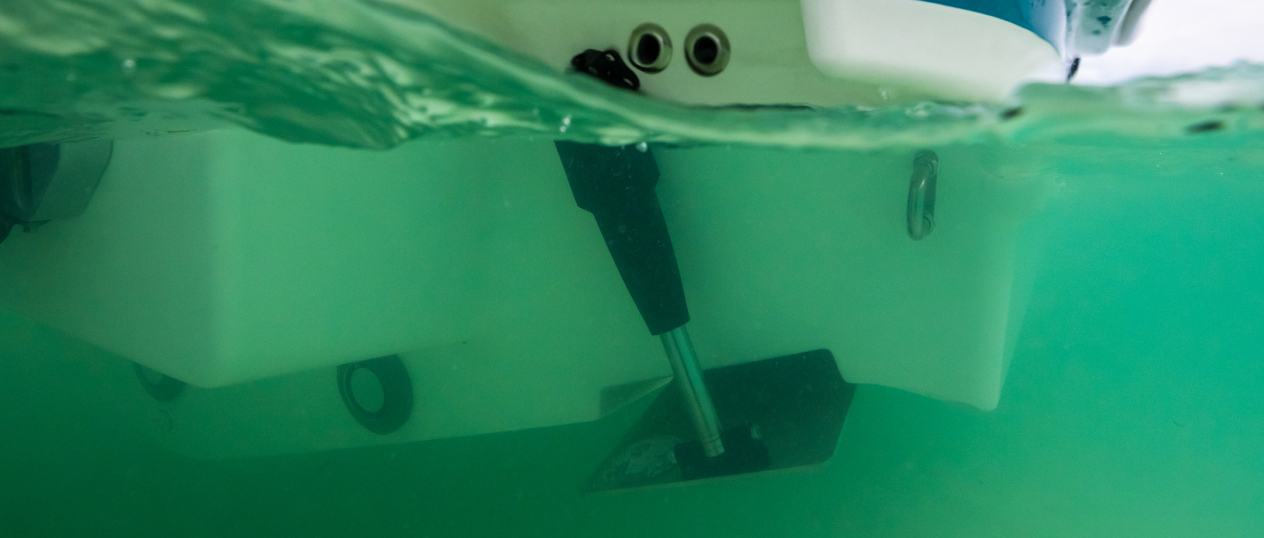 Underwater view of a Lenco trim tab fitted to a powerboat